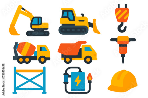 Construction Machinery Icons. Flat vector icons of construction machinery: excavator, bulldozer, crane hook, cement mixer, dump