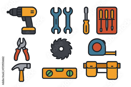 DIY Tool Icons. Flat vector icons of DIY tools: cordless drill, wrench set, screwdriver kit, pliers, hammer head, saw blade,