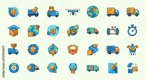 Collection of Logistics and Delivery Service Icons: Flat Design Illustrations for Shipping, Parcel Tracking, Global Transport, and E-commerce Solutions on a Light Background, Flat Vector Elements,
