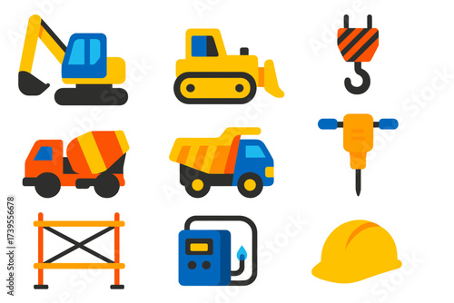 Construction Machinery Icons. Flat vector icons of construction machinery: excavator, bulldozer, crane hook, cement mixer, dump