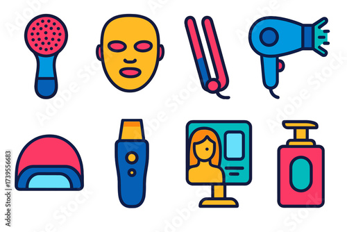 Beauty Gadgets Icons. Flat vector icons of beauty gadgets: facial cleansing brush, LED mask, hair straightener, ionic hair dryer,