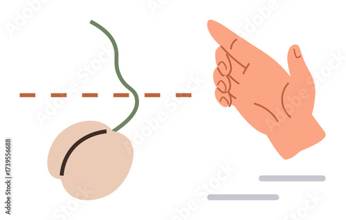 Sapling ready to be cut with a dashed line and hand stopping symbolizing choice. Ideal for decision-making, balance, control, minimalism, environmental awareness, precision, simple flat metaphor