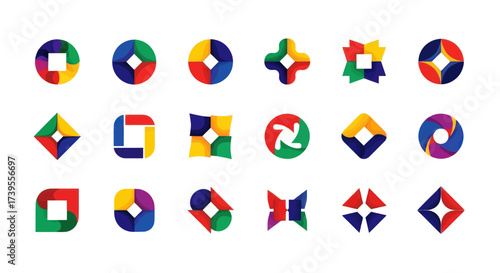 Collection of Modern Abstract Geometric Logos and Icons featuring Vibrant, Interlocking Colors and Shapes on a White Background for Branding, Design, and Digital Assets, Flat Vector Elements, Vector
