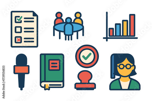 Educational Research Icons. Flat vector icons of educational research: survey form, lecture hall, focus group, data chart,