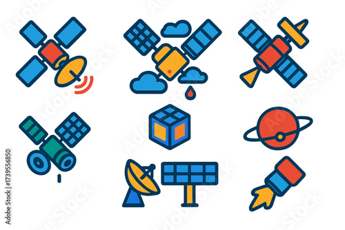Bright Satellite Icons. Flat vector icons of satellite technology: comms satellite, weather satellite, GPS satellite, imaging