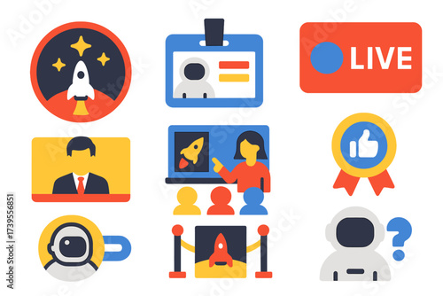 Modern PR Icons. Flat vector icons of PR and outreach: mission patch, press badge, live feed, news anchor, school outreach, social