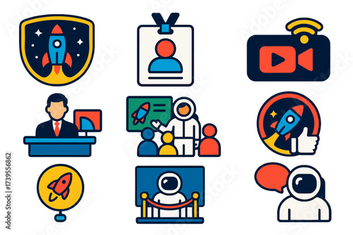 Modern PR Icons. Flat vector icons of PR and outreach: mission patch, press badge, live feed, news anchor, school outreach, social