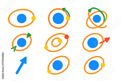 Astrodynamics Icon Set. Flat vector icons of astrodynamics: orbital ellipse, transfer orbit, Hohmann transfer, gravity assist,