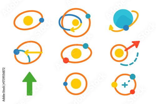 Astrodynamics Icon Set. Flat vector icons of astrodynamics: orbital ellipse, transfer orbit, Hohmann transfer, gravity assist,