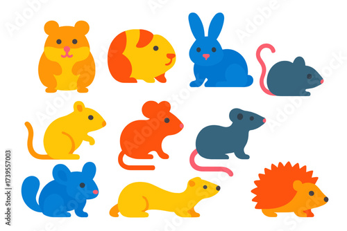Colorful Pet Icons. Flat vector icons of small mammal pets: hamster, guinea pig, rabbit, gerbil, mouse, rat, chinchilla, ferret,