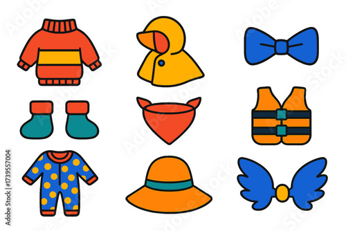 Pet Clothing Icons. Flat vector icons of pet clothing: dog sweater, raincoat, bandana, bow tie, booties, life jacket, pajamas, sun