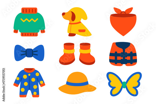 Pet Clothing Icons. Flat vector icons of pet clothing: dog sweater, raincoat, bandana, bow tie, booties, life jacket, pajamas, sun