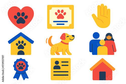 Bright Pet Adoption Icons. Flat vector icons of pet adoption themes: heart paw print, adoption certificate, volunteer hand,