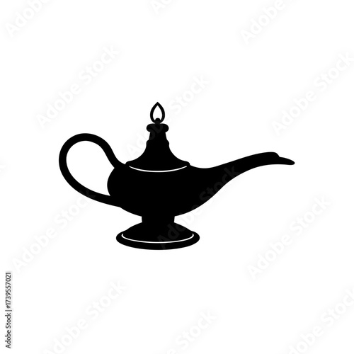 Silhouette illustration of a traditional genie lamp with a spout and handle on a white background on transparent background