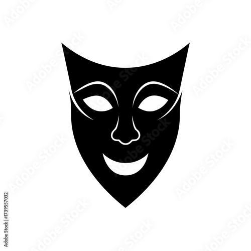 Illustrated black theatrical mask with stylized features and a smiling expression isolated on white background on transparent background silhouette