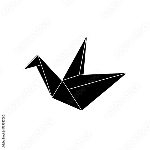 Illustration of a black origami crane with geometric folds on a white background showing details of form on transparent background silhouette