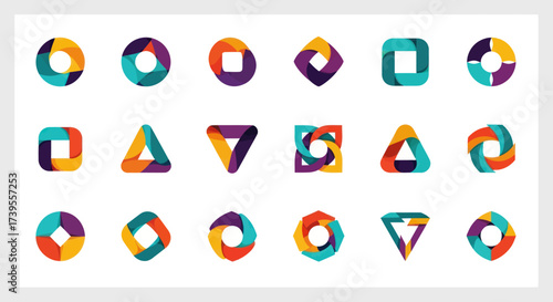 Collection of modern abstract geometric logos and icons in vibrant colors with intertwined shapes, perfect for branding and design projects., Flat Vector Elements, Vector Illustration, Simple Vector,