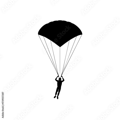 Silhouette of a parachutist descending with a black parachute against a white background in a simple design on transparent background