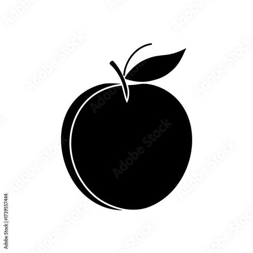 A simple black and white vector illustration of a single apple with a leaf and stem design element on transparent background silhouette