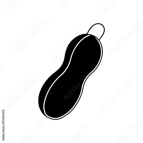 Illustration of a black bath sponge with a white outline and a loop for hanging displayed vertically on transparent background silhouette