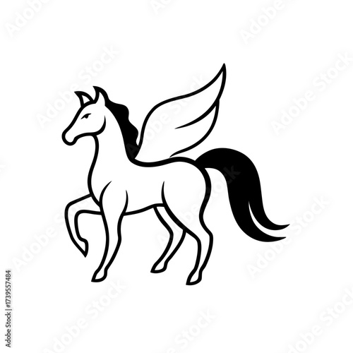 Illustration of a black and white pegasus with wings and a flowing tail in a simple line drawing style on transparent background silhouette