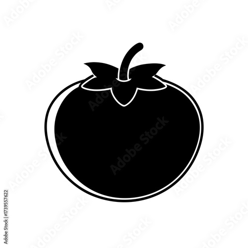 Illustration of a single black tomato with a stem and leaves on a white background isolated view on transparent background silhouette