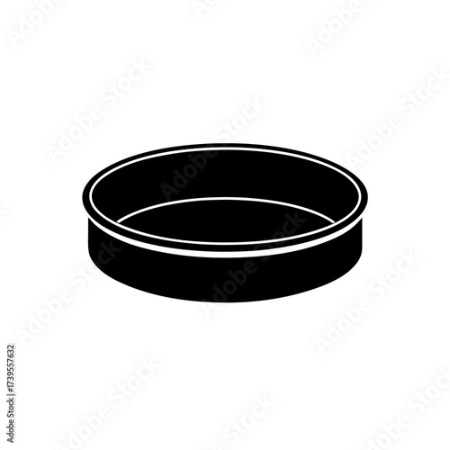 Illustration of a round baking pan with a flat bottom and slightly angled sides in black and white style on transparent background silhouette