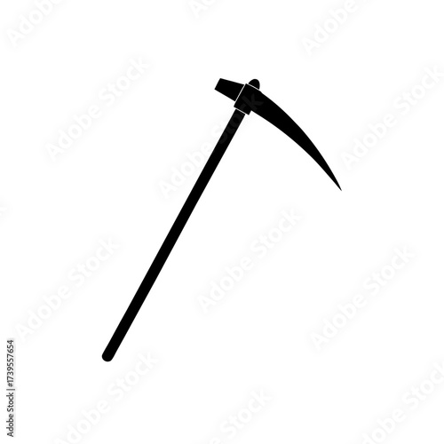 Illustration of a black scythe with a long handle and a curved blade on a white background design element on transparent background silhouette