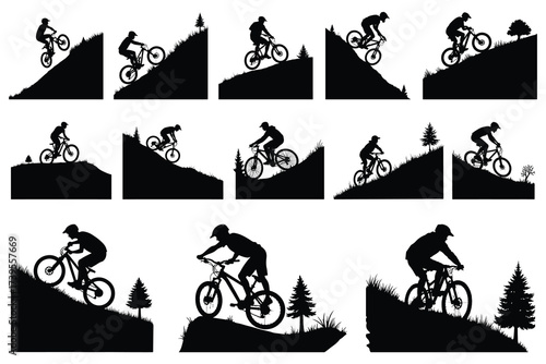 Black silhouettes of mountain bikers on grassy hills