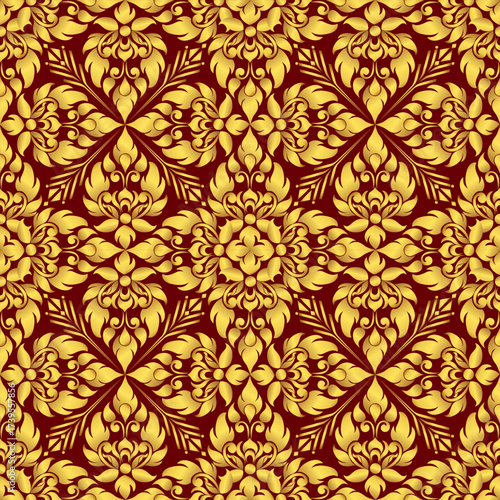 Ornate golden damask seamless pattern with intricate floral and leaf details on a dark red background.
