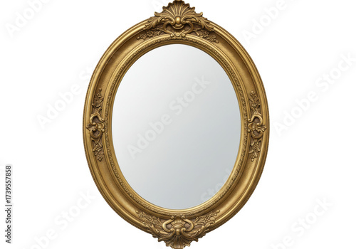 Ornate gold oval mirror isolated on transparent background, vintage style home decor element for interior design projects