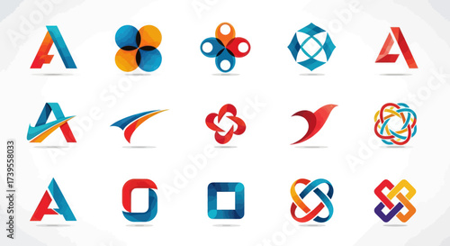 Collection of Modern Abstract Gradient Logos and Icons, Featuring Stylized Letters A, Geometric Forms, Dynamic Swirls, and Interlocking Shapes, Ideal for Diverse Business Branding, Flat Vector