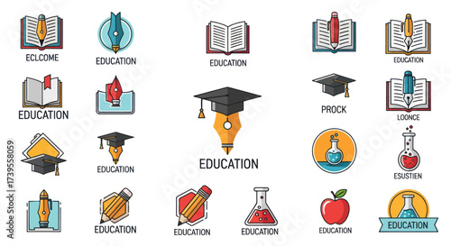 Education and Academic Icons Collection with Books, Pens, Pencils, and Graduation Caps in Flat Vector Style on White Background, Flat Vector Elements, Vector Illustration, Simple Vector, Stylized