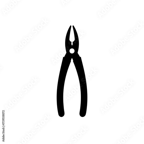 Silhouette illustration of a pair of black pliers with handles and a joint on a white background on transparent background