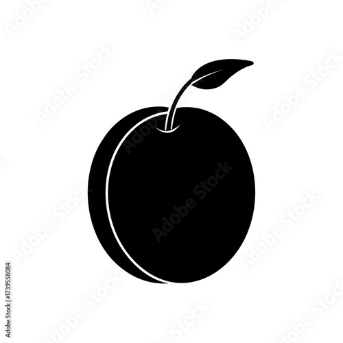 Illustration of a black plum with a stem and a leaf on a white background in vector format design style on transparent background silhouette