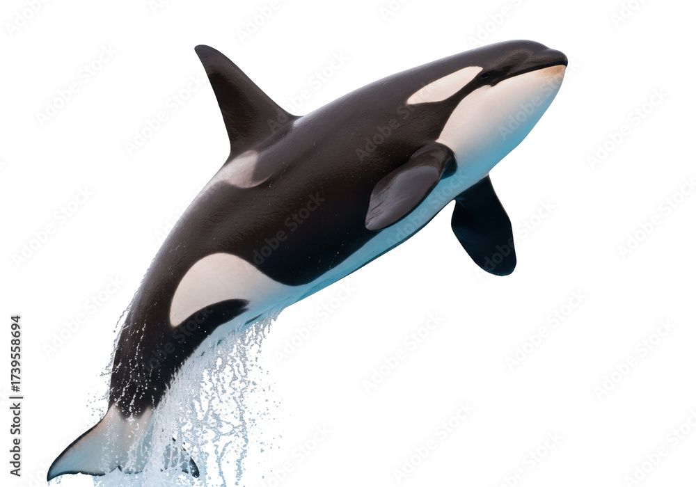 Obraz premium Isolated Orca leaping out of the water, an apex predator also known as a killer whale