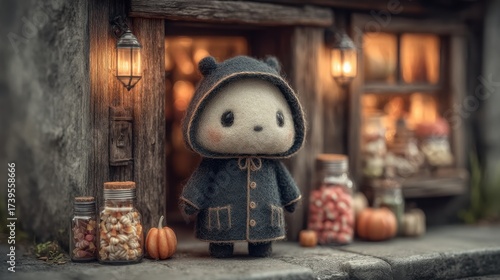 Halloween A cute cartoon character is wearing a hooded jacket standing in front of a storefront with glass jars of candy and pumpkins