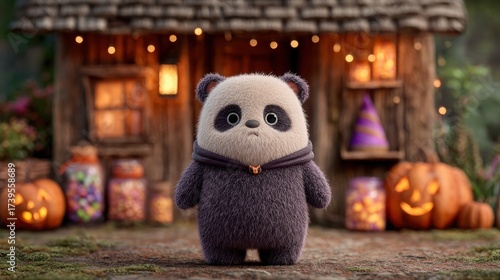 Halloween A charming panda ready for a delightful Halloween celebration, surrounded by cheerful pumpkin decorations.