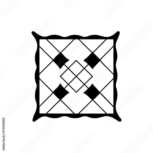 Black and white ornate square design with diamond shapes and wavy border illustration art is shown on transparent background silhouette