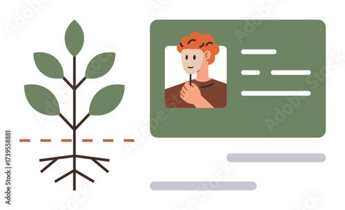 Green ID card featuring portrait with text layout next to a growing plant illustrating roots and leaves. Ideal for eco-friendly, personal identity, growth, environmental care, sustainability, nature