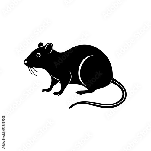 Silhouette of a black rat with a long tail and whiskers standing on its hind legs in a vector image on transparent background