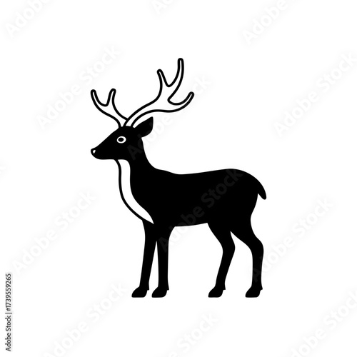 Silhouette of a deer with antlers standing in profile on a white background in a simple vector style on transparent background