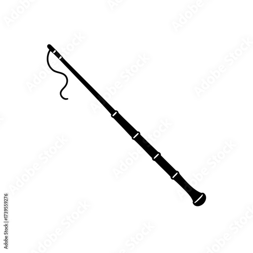Illustration of a black riding crop with a looped end and segmented handle on a white background image on transparent background silhouette