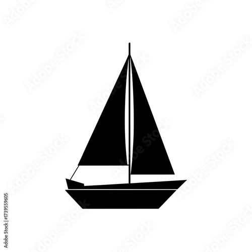 Silhouette of a sailboat with two sails and a mast floating on the water in a simple design on transparent background