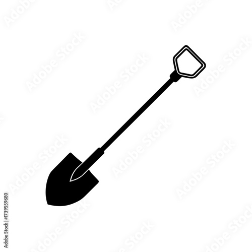 Illustration of a black shovel with a handle and a blade used for digging in the garden or construction site on transparent background silhouette