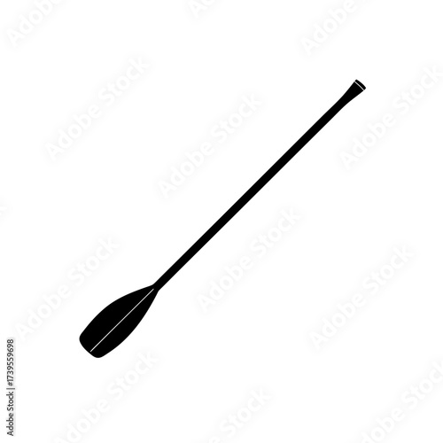 Illustration of a single black paddle with a long handle on a white background in a vector graphic on transparent background silhouette
