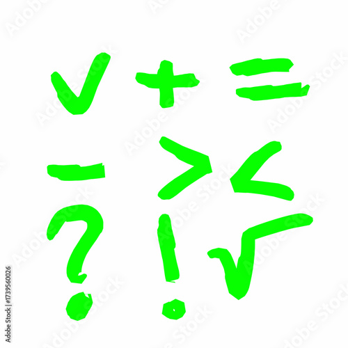 Green mathematical symbols and punctuation marks on a white background