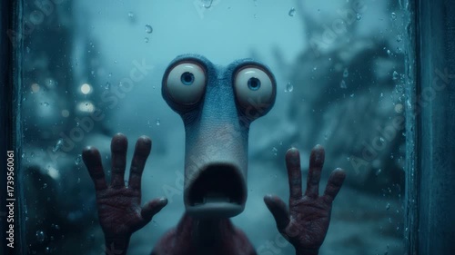 A creature with large eyes presses against a rain-streaked window. Its hands and face visible