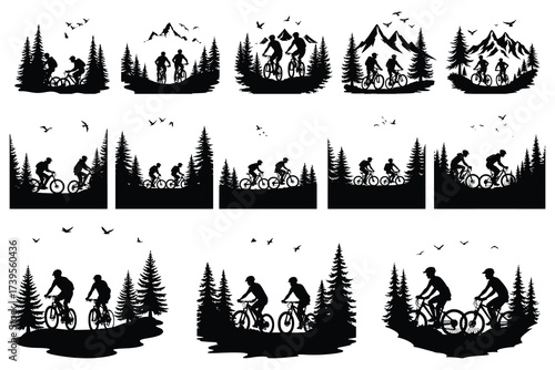 Mountain bikers riding through pine trees with mountains and birds