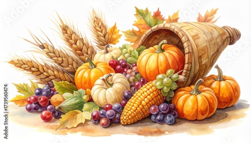 Harvest cornucopia filled with pumpkins and grapes